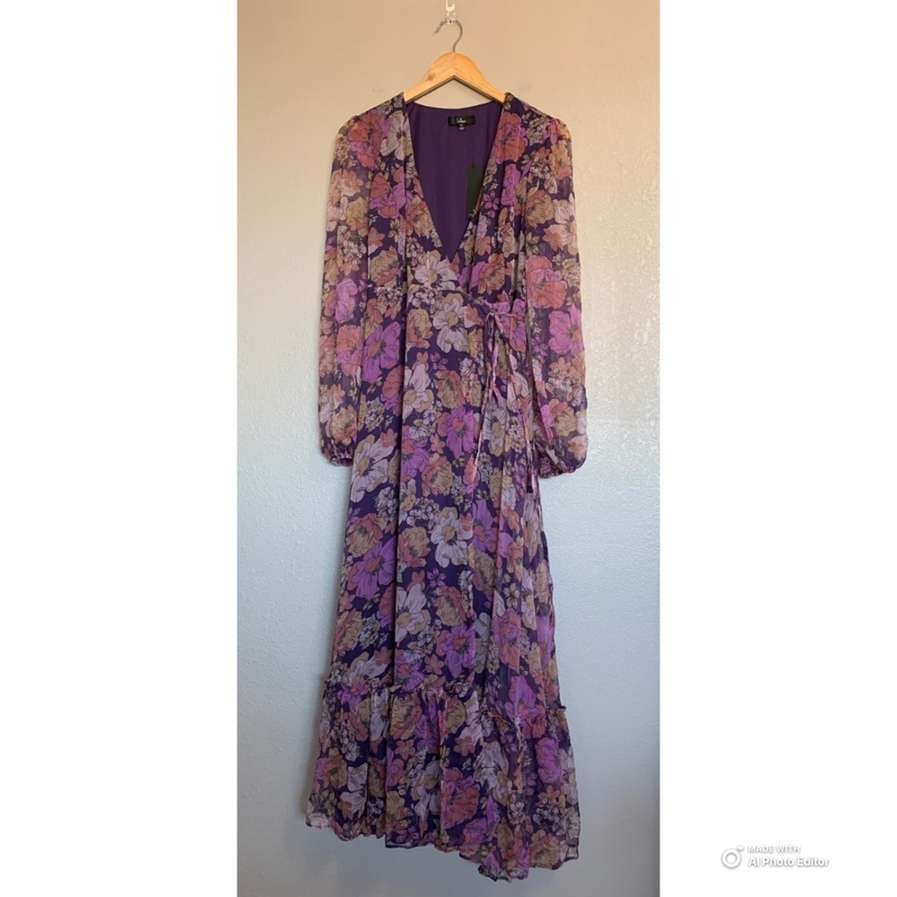 Lulus XL Feeling Sweet Purple Floral Print Long Sleeve Wrap Maxi Dress NWT - Picture 2 of 16